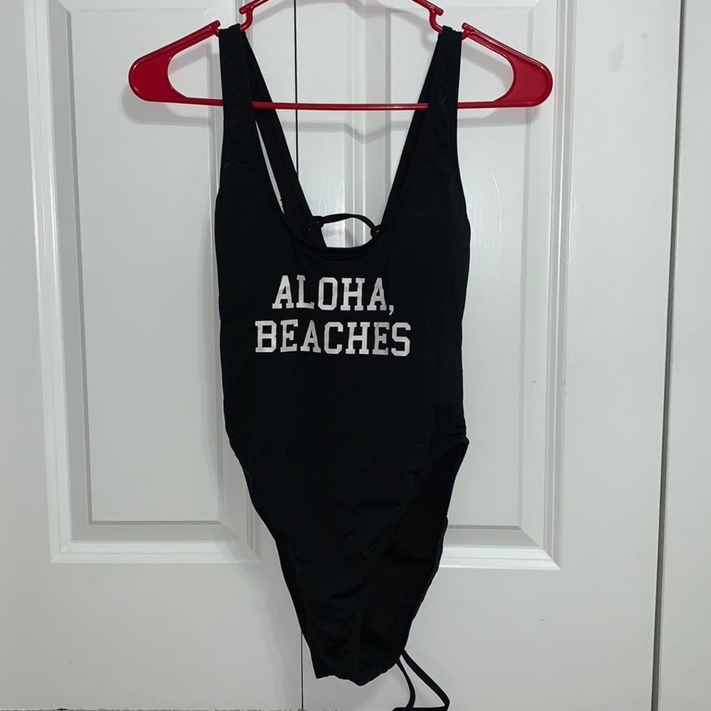 “Aloha, Beaches” Black One-piece Swimsuit